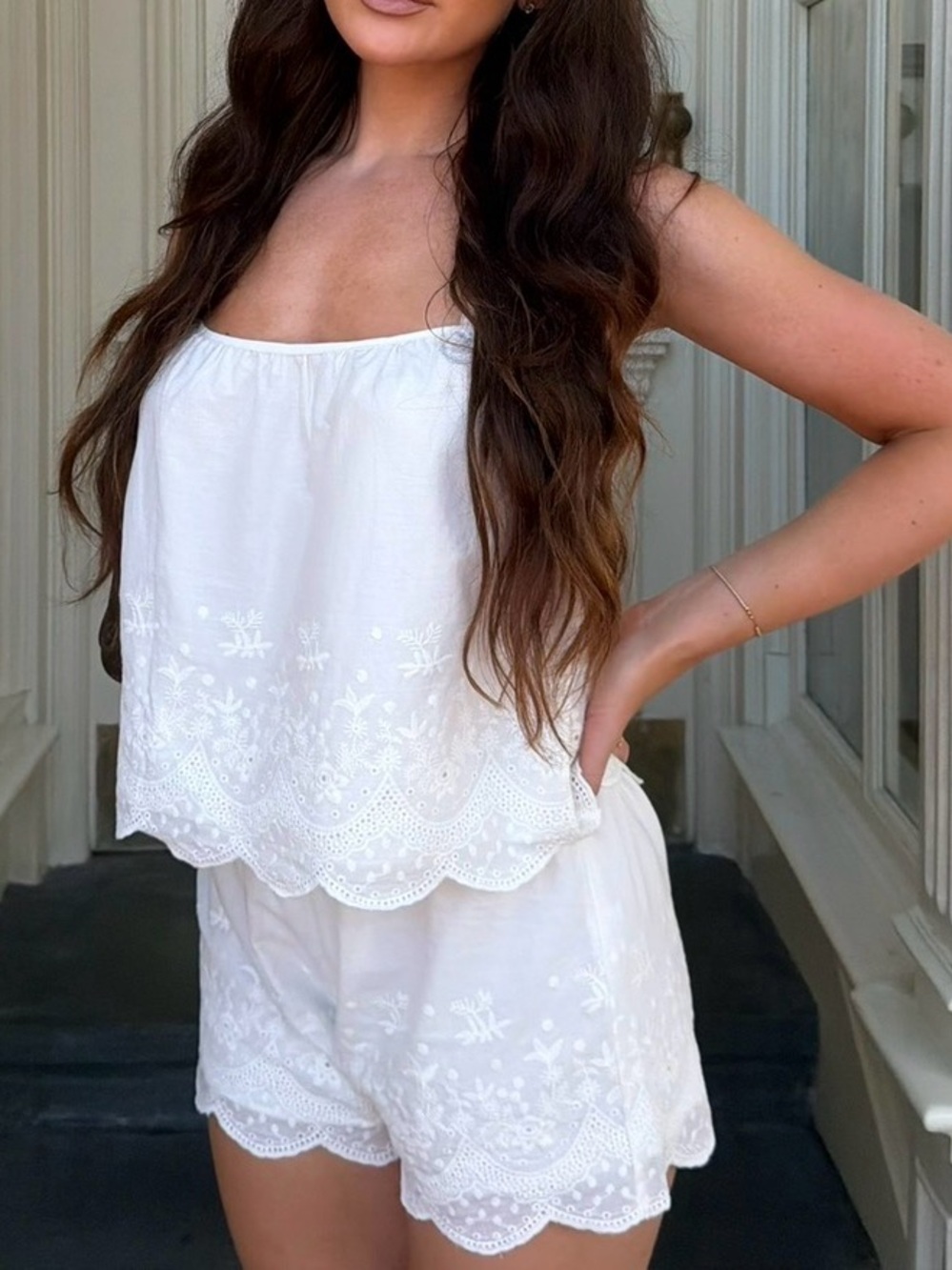 Princess Polly White Embroidered Cotton Cami & Shorts Set